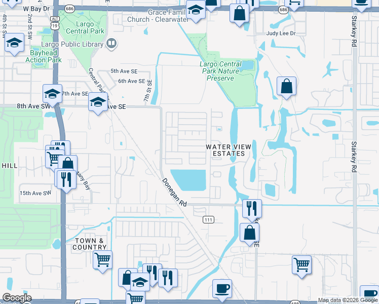 map of restaurants, bars, coffee shops, grocery stores, and more near 12th Street in Largo