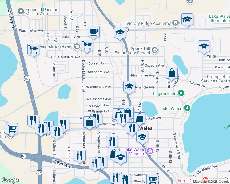 map of restaurants, bars, coffee shops, grocery stores, and more near 408 North 1st Street in Lake Wales