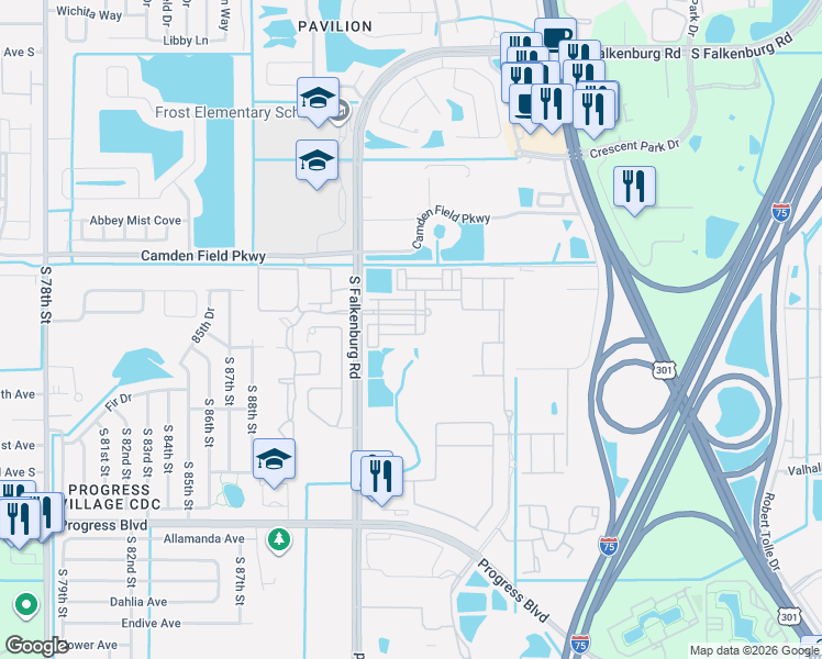 map of restaurants, bars, coffee shops, grocery stores, and more near 9026 Sienna Moss Lane in Riverview