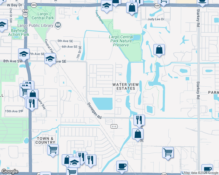 map of restaurants, bars, coffee shops, grocery stores, and more near 12th Street in Largo