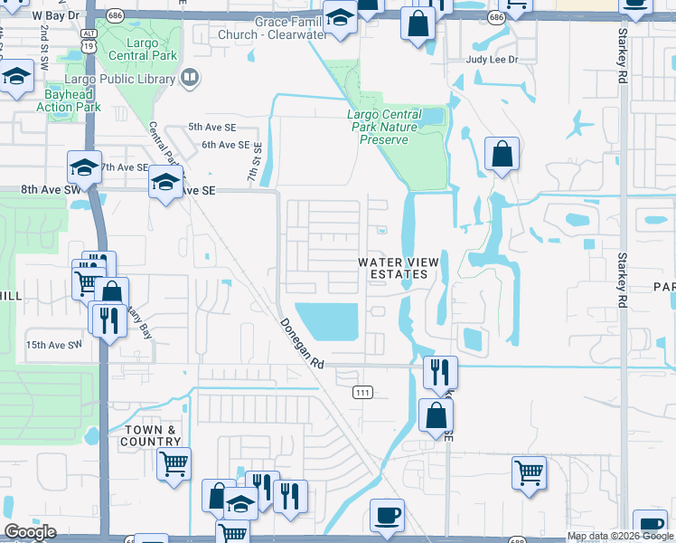 map of restaurants, bars, coffee shops, grocery stores, and more near 12th Street in Largo