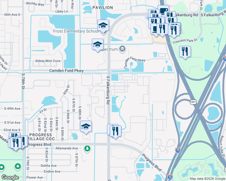 map of restaurants, bars, coffee shops, grocery stores, and more near 4607 Watson Woods Way in Riverview