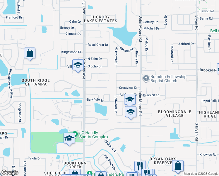 map of restaurants, bars, coffee shops, grocery stores, and more near 600 Rosemarie Avenue in Brandon