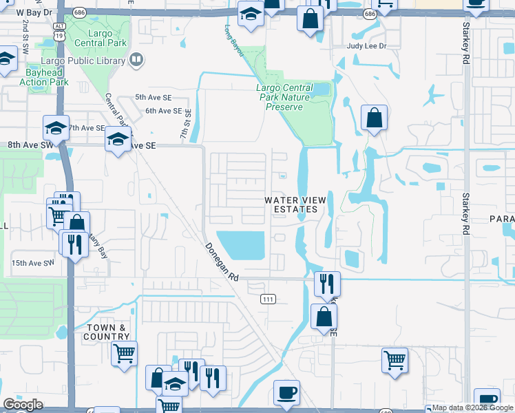 map of restaurants, bars, coffee shops, grocery stores, and more near 12th Street in Largo