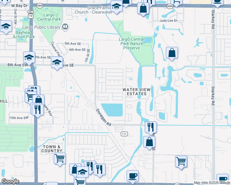 map of restaurants, bars, coffee shops, grocery stores, and more near 12th Street in Largo