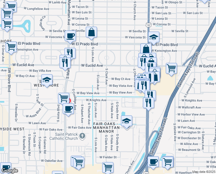map of restaurants, bars, coffee shops, grocery stores, and more near 3936 West Bay Vista Avenue in Tampa