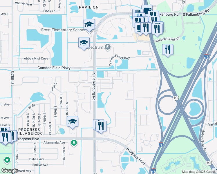 map of restaurants, bars, coffee shops, grocery stores, and more near 9026 Sienna Moss Lane in Riverview