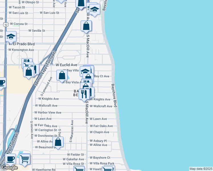 map of restaurants, bars, coffee shops, grocery stores, and more near 2905 West Bay View Avenue in Tampa