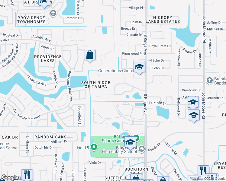 map of restaurants, bars, coffee shops, grocery stores, and more near 944 Ridge Haven Drive in Brandon