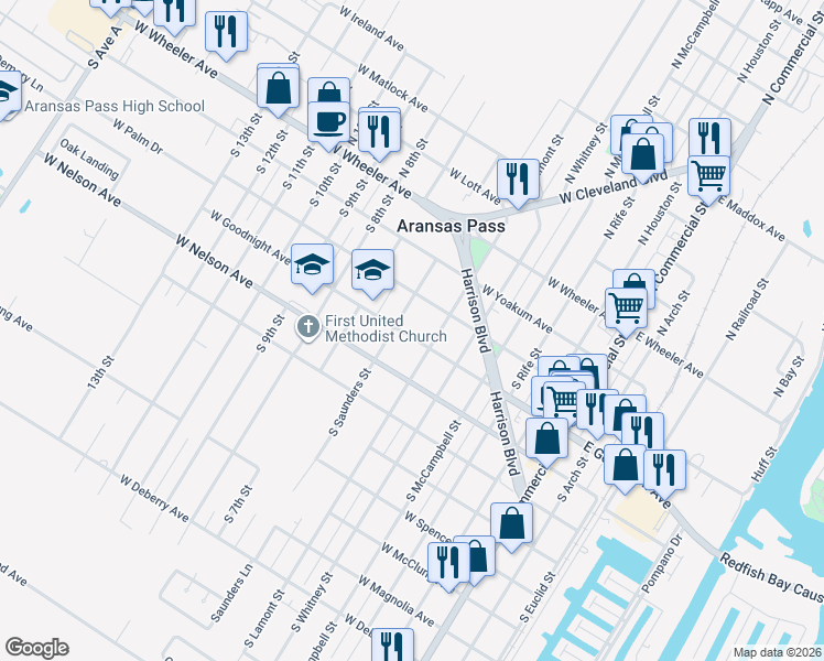 map of restaurants, bars, coffee shops, grocery stores, and more near 644 West Goodnight Avenue in Aransas Pass