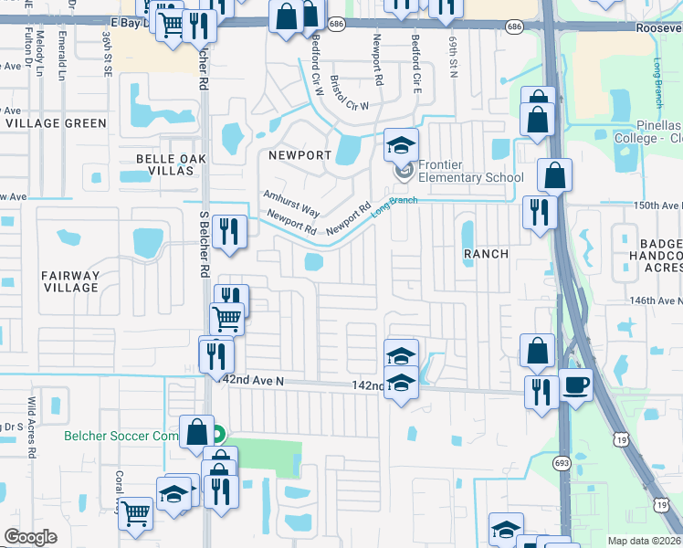 map of restaurants, bars, coffee shops, grocery stores, and more near 7501 142nd Avenue North in Largo
