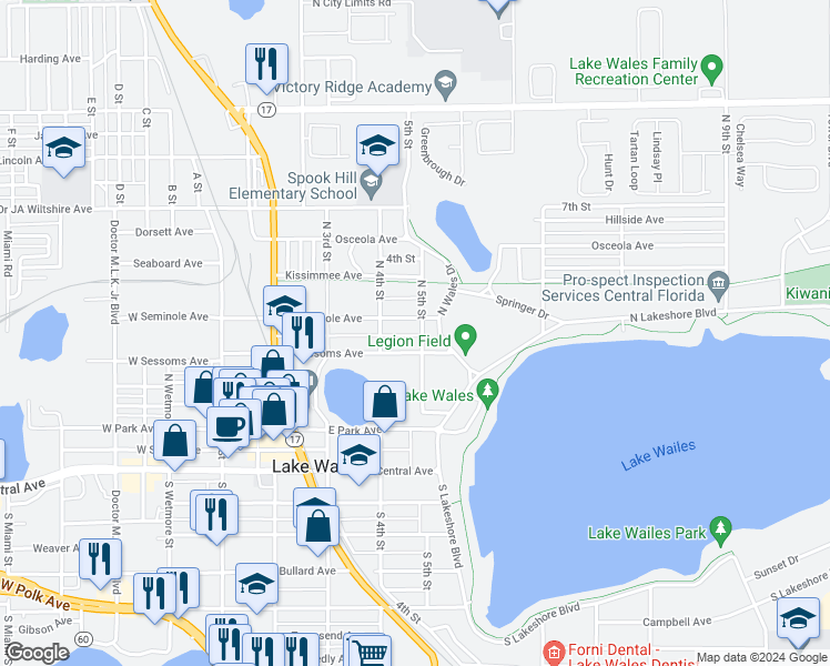 map of restaurants, bars, coffee shops, grocery stores, and more near 315 North 5th Street in Lake Wales