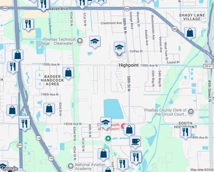 map of restaurants, bars, coffee shops, grocery stores, and more near 14717 Sunset Street in Clearwater