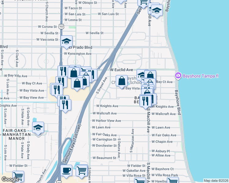 map of restaurants, bars, coffee shops, grocery stores, and more near 3905 South Kenwood Avenue in Tampa