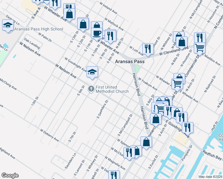 map of restaurants, bars, coffee shops, grocery stores, and more near 420 South Saunders Street in Aransas Pass