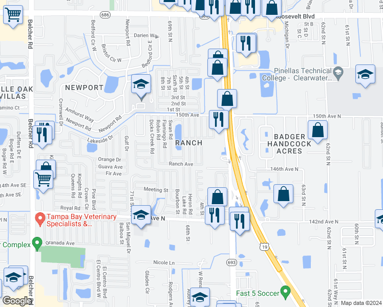 map of restaurants, bars, coffee shops, grocery stores, and more near 217 Heron Road in Clearwater