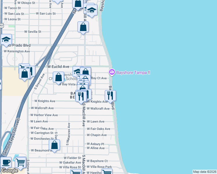 map of restaurants, bars, coffee shops, grocery stores, and more near 4005 Bayshore Boulevard in Tampa