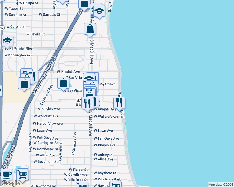map of restaurants, bars, coffee shops, grocery stores, and more near 4005 Bayshore Boulevard in Tampa