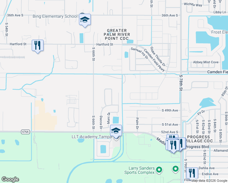 map of restaurants, bars, coffee shops, grocery stores, and more near 4914 Dhanmandi Circle in Tampa