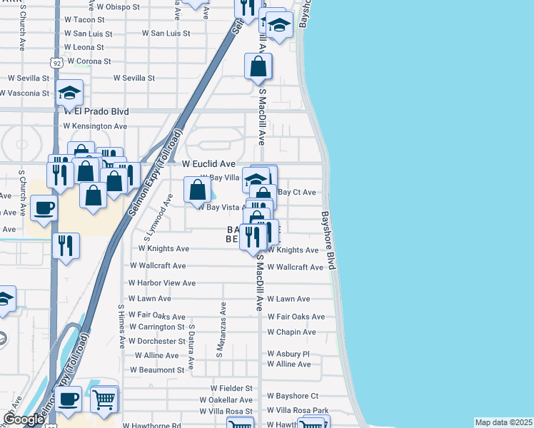 map of restaurants, bars, coffee shops, grocery stores, and more near 4001 South MacDill Avenue in Tampa