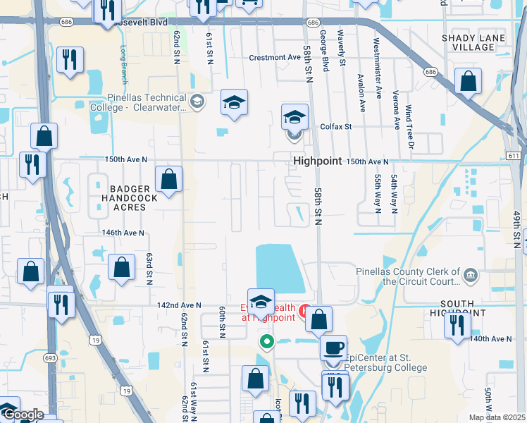 map of restaurants, bars, coffee shops, grocery stores, and more near 14717 Sunset Street in Clearwater