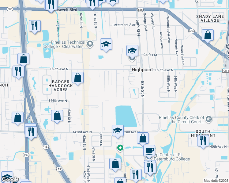 map of restaurants, bars, coffee shops, grocery stores, and more near 14717 Sunset Street in Clearwater