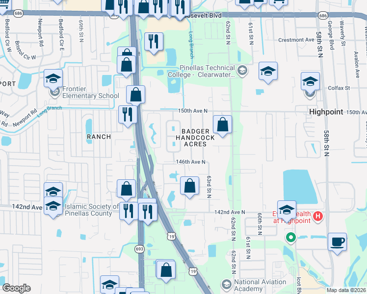 map of restaurants, bars, coffee shops, grocery stores, and more near 14716 64th Street North in Clearwater