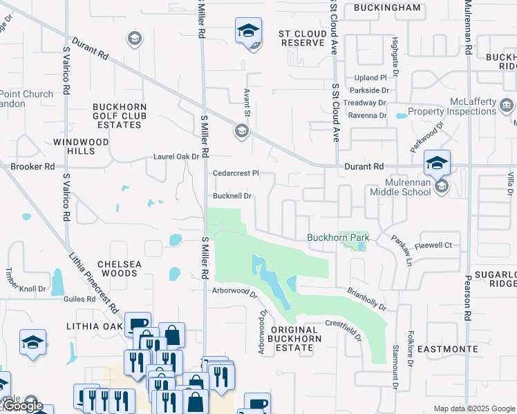 map of restaurants, bars, coffee shops, grocery stores, and more near 2430 Bucknell Drive in Valrico