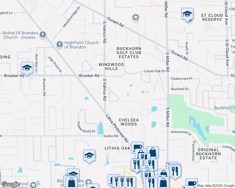 map of restaurants, bars, coffee shops, grocery stores, and more near 2713 Fairway View Drive in Valrico