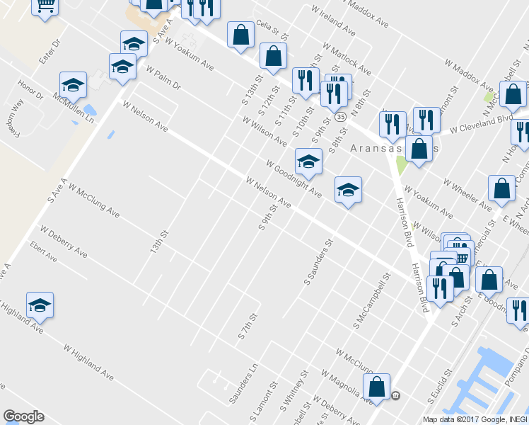 map of restaurants, bars, coffee shops, grocery stores, and more near 554 South 9th Street in Aransas Pass