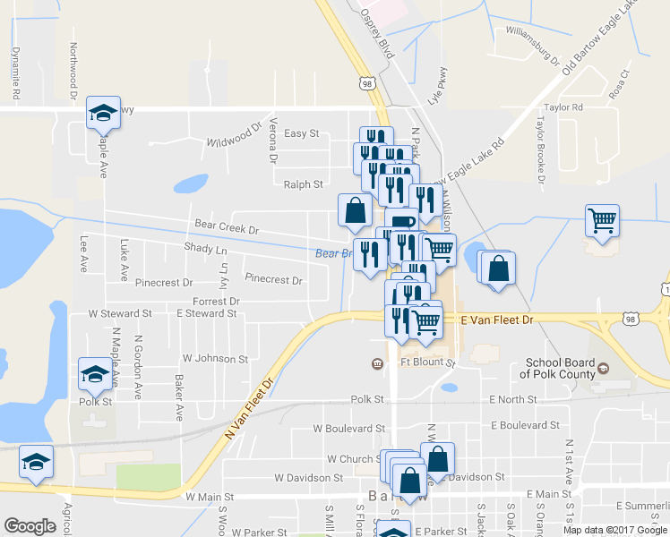 map of restaurants, bars, coffee shops, grocery stores, and more near 1180 North Mill Avenue in Bartow