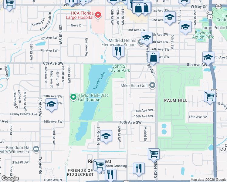 map of restaurants, bars, coffee shops, grocery stores, and more near 1270 12th Court Southwest in Largo