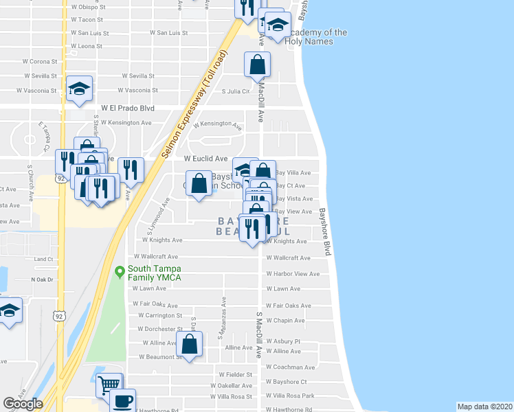 map of restaurants, bars, coffee shops, grocery stores, and more near 4001 South MacDill Avenue in Tampa