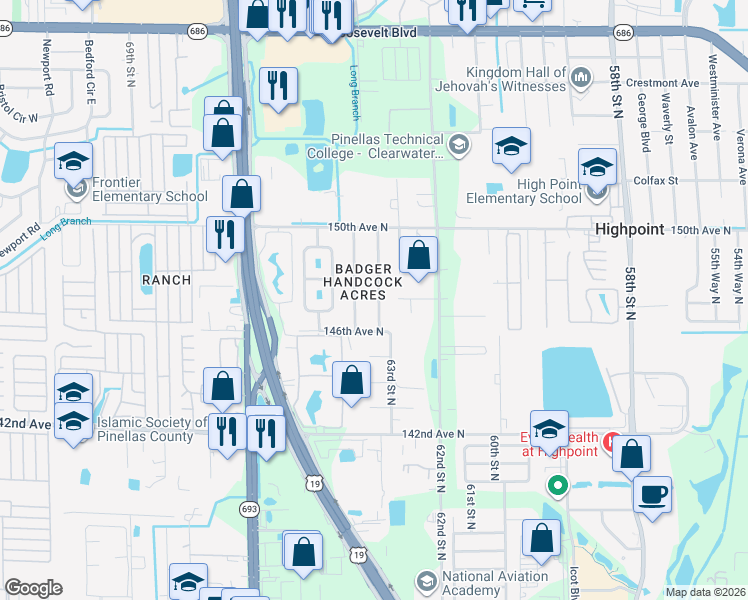 map of restaurants, bars, coffee shops, grocery stores, and more near 14716 63rd Way North in Clearwater