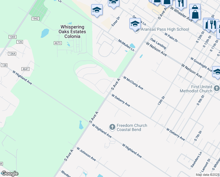map of restaurants, bars, coffee shops, grocery stores, and more near 1840 West Deberry Avenue in Aransas Pass