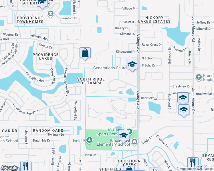 map of restaurants, bars, coffee shops, grocery stores, and more near 944 Ridge Haven Drive in Brandon