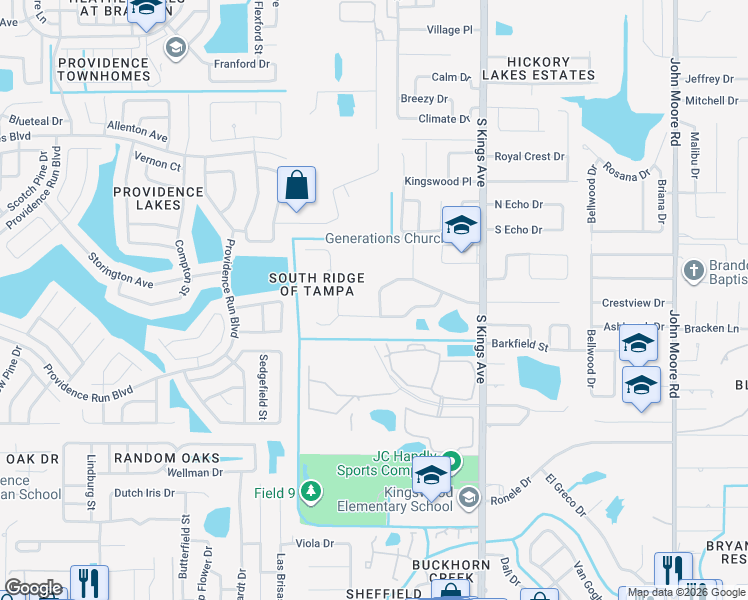 map of restaurants, bars, coffee shops, grocery stores, and more near 942 Ridge Haven Drive in Brandon
