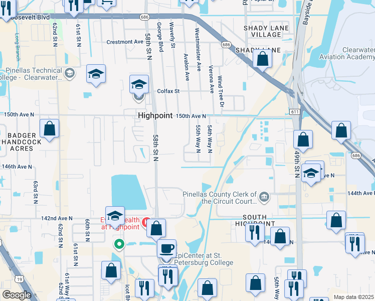 map of restaurants, bars, coffee shops, grocery stores, and more near 5611 147th Avenue North in Clearwater