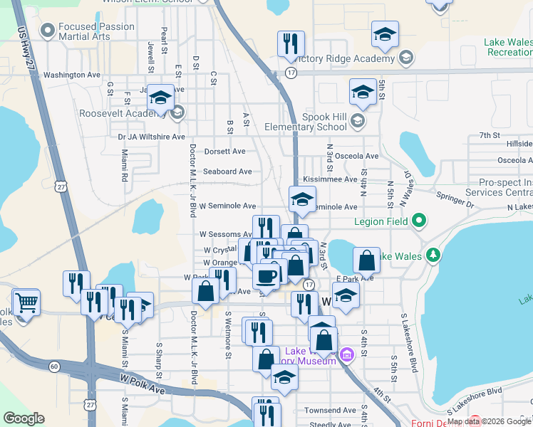 map of restaurants, bars, coffee shops, grocery stores, and more near 408 North 1st Street in Lake Wales