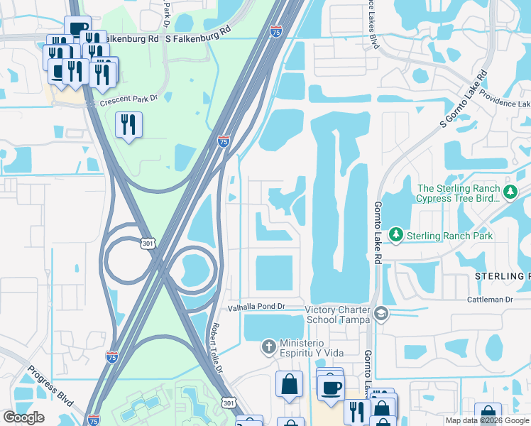 map of restaurants, bars, coffee shops, grocery stores, and more near 4629 Pond Ridge Drive in Riverview