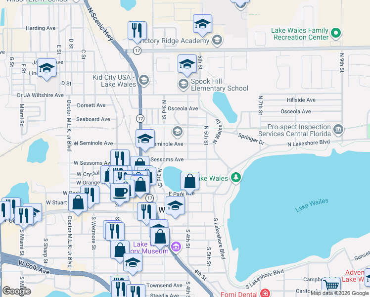 map of restaurants, bars, coffee shops, grocery stores, and more near 3 North 4th Street in Lake Wales