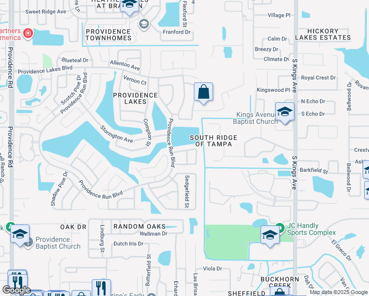 map of restaurants, bars, coffee shops, grocery stores, and more near 1312 Lakehurst Way in Brandon