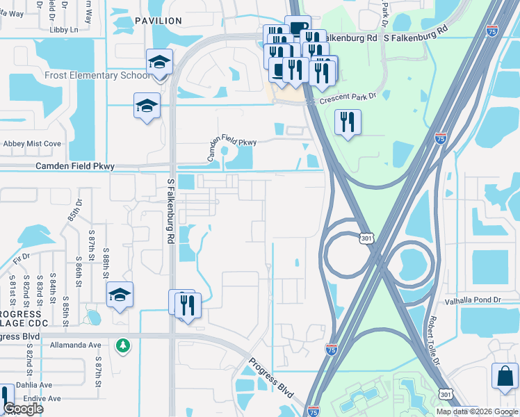 map of restaurants, bars, coffee shops, grocery stores, and more near 4627 Chatterton Way in Riverview