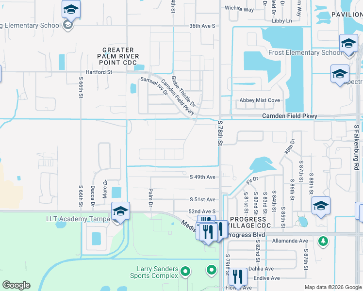 map of restaurants, bars, coffee shops, grocery stores, and more near Wild Senna Boulevard in Palm River-Clair Mel