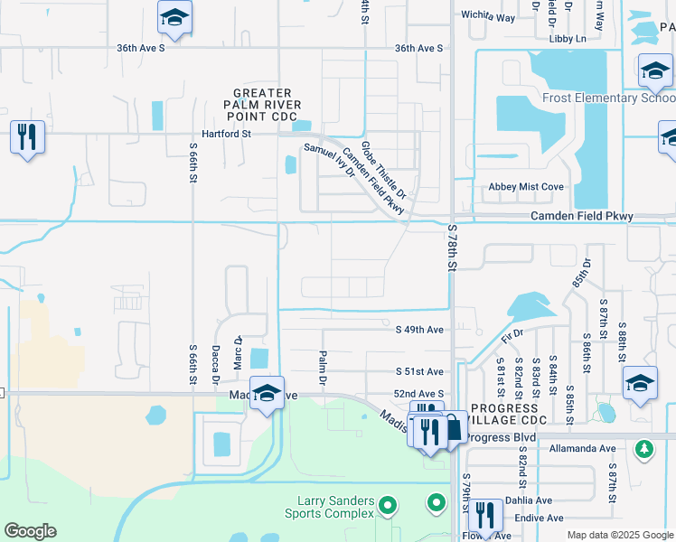 map of restaurants, bars, coffee shops, grocery stores, and more near in Palm River-Clair Mel