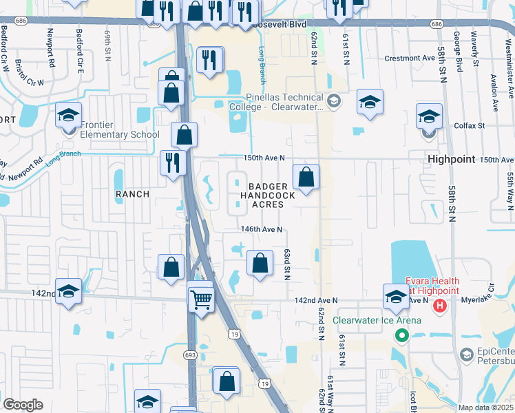map of restaurants, bars, coffee shops, grocery stores, and more near 14716 64th Street North in Clearwater