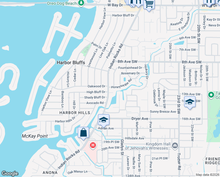 map of restaurants, bars, coffee shops, grocery stores, and more near 101 Oakwood Drive in Largo
