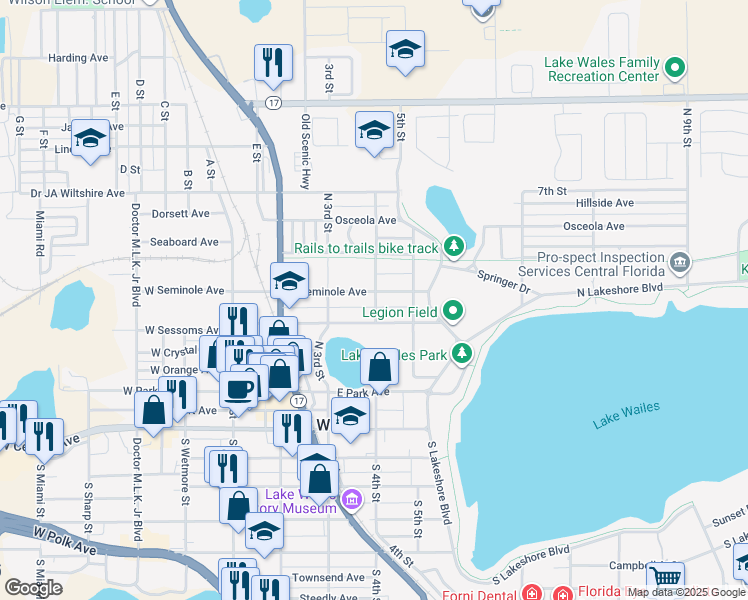 map of restaurants, bars, coffee shops, grocery stores, and more near 3 North 4th Street in Lake Wales