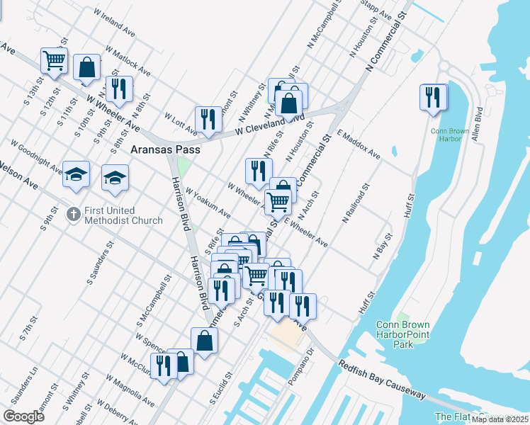 map of restaurants, bars, coffee shops, grocery stores, and more near 123 West Wheeler Avenue in Aransas Pass