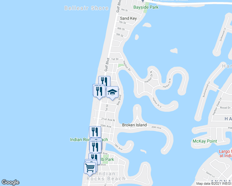 map of restaurants, bars, coffee shops, grocery stores, and more near 2408 Bay Boulevard in Indian Rocks Beach